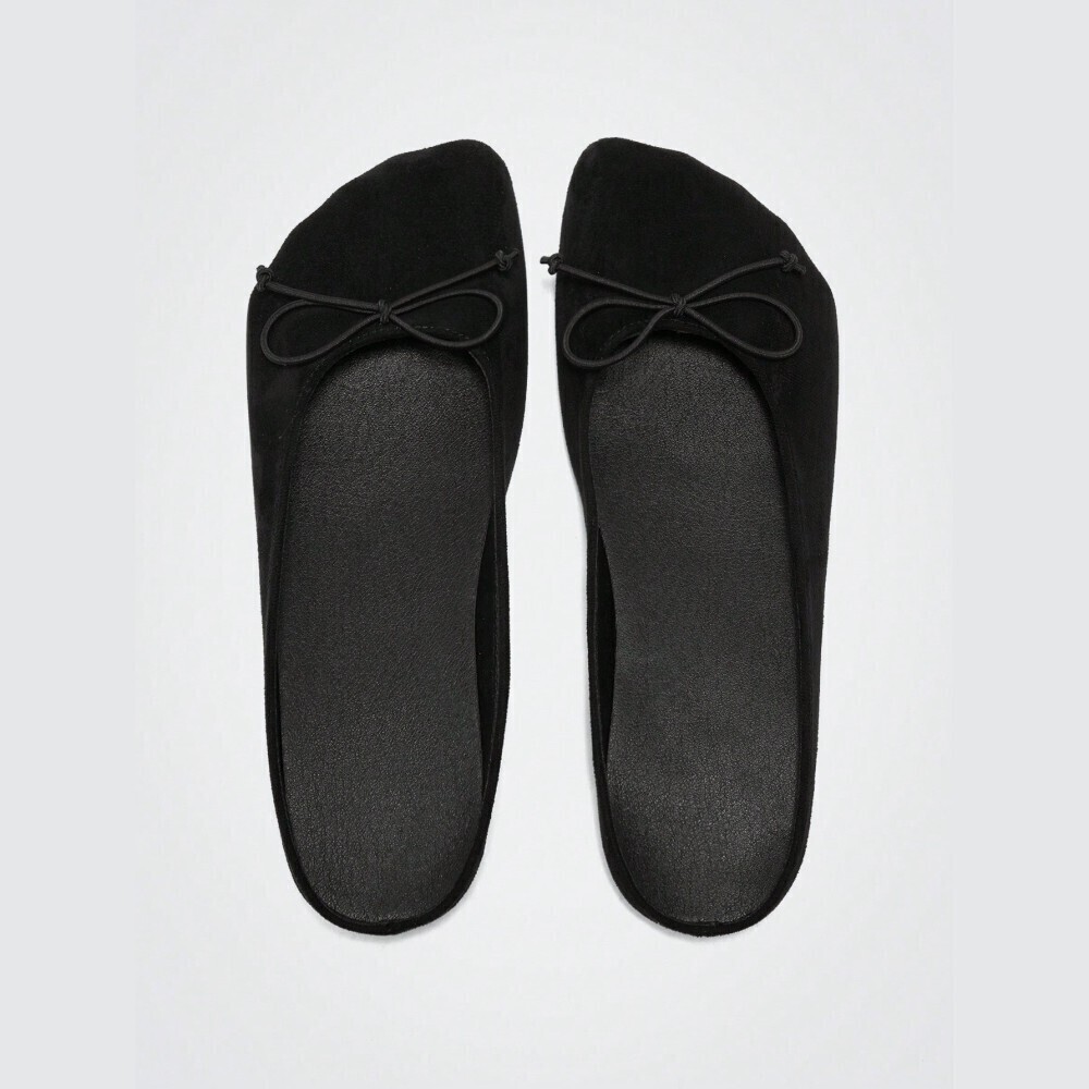 Black Faux Suede Bow Tie Detail Wide Square Toe Ballet Flats